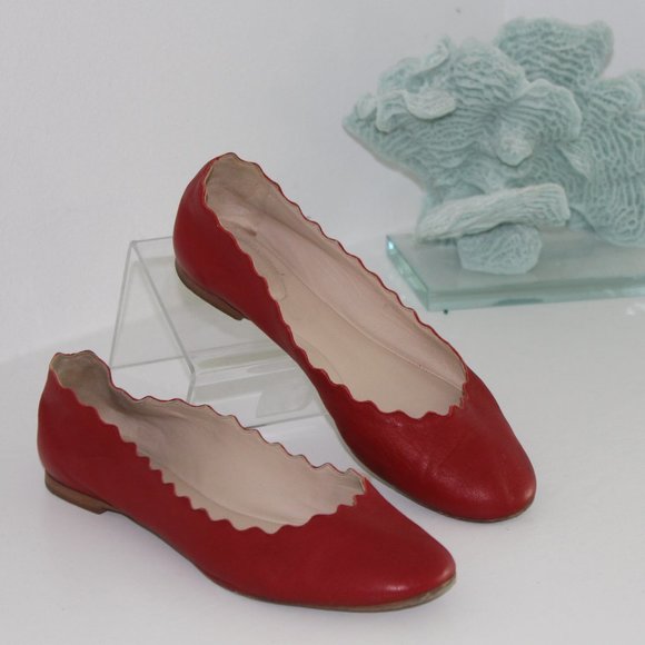 Chloe Shoes - Chloe Lauren Scalloped Leather Ballet Flats, Red Leather Shoes sz 37 7